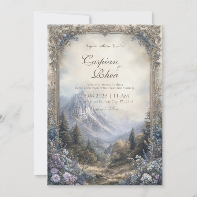 Förtrollade Slott Berg Floral Barock Bröllop Inbjudningar (Framsida)