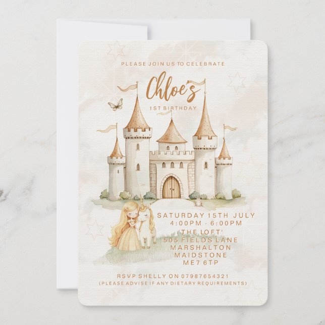 ✨🏰 Förtrollade Slottet Prinsessans 1-års Födelsed Inbjudningar (Framsida)
