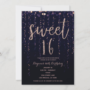 Förtrollade stjärnljus lila & guld Sweet 16-fest Inbjudningar