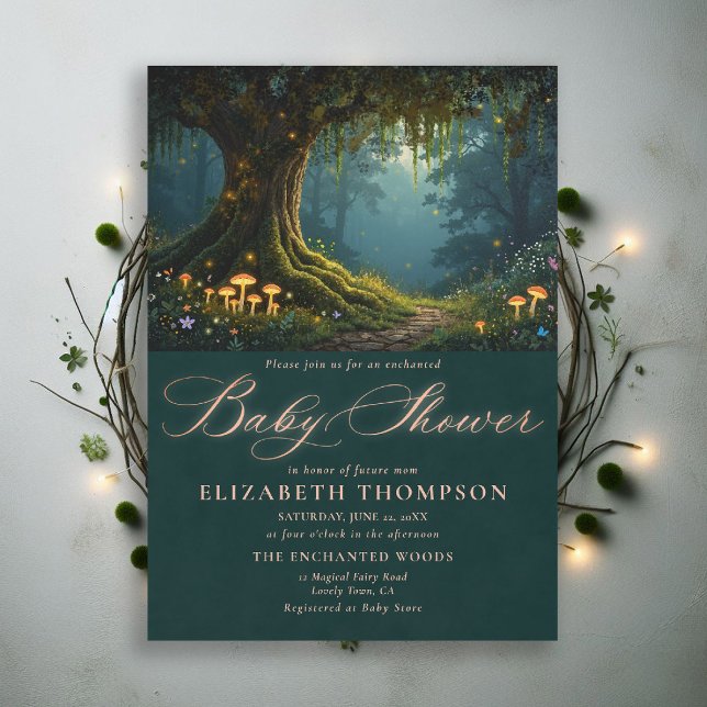 Förtrollade Svamp Skog Stig Bebisens Första Steg B Inbjudningar (enchanted forest baby shower theme invitation magical fairy tale mushrooms woodland wildflower)