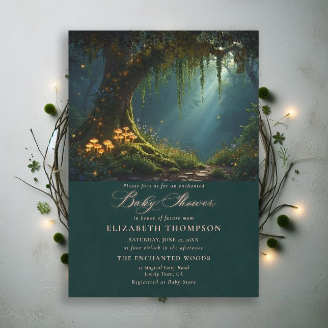 Förtrollade Svamp Skogar Glöder Baby Shower Inbjudningar (enchanted forest baby shower theme invitation magical fairy tale mushrooms woods wildflower)