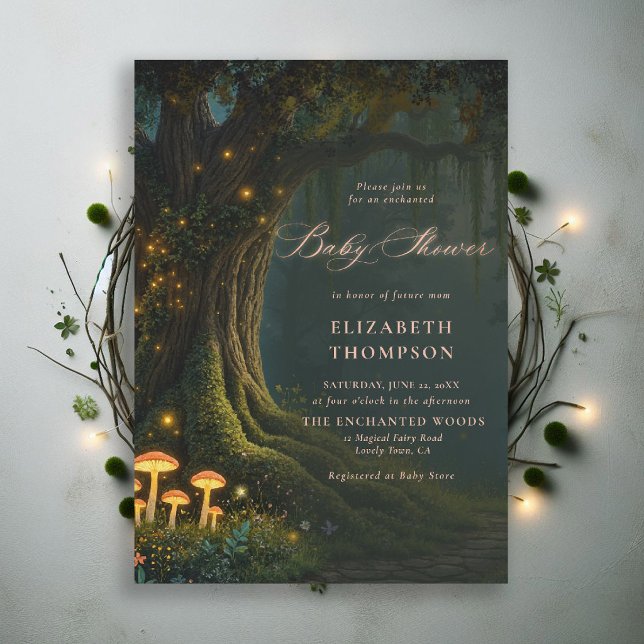 Förtrollade Svampglödande Skogen Barnkalas Inbjudningar (enchanted forest baby shower theme invitation magical fairy tale mushrooms woods moody)