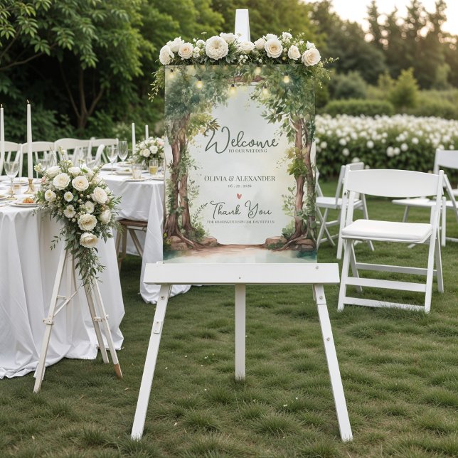 Förtrollade trädgårdssnurljus Bröllop Välkommen Poster (Enchanted Garden String Lights Wedding Welcome Sign | Rustic Outdoor Wedding Welcome Poster)