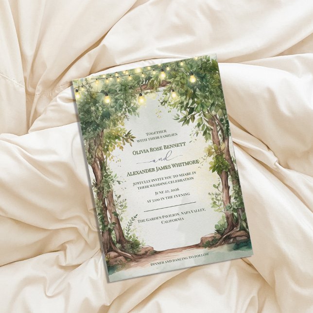 Förtrollade trädgårdssnurljus Romantisk bröllopslj Inbjudningar (Enchanted Garden String Lights Wedding Invitation | Romantic Outdoor Garden Wedding Invite)