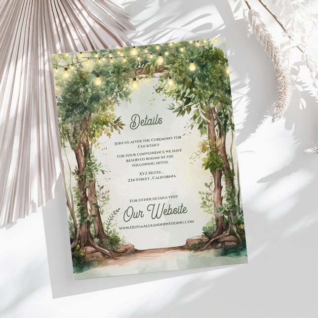 Förtrollade trädgårdssnurror för bröllop Detaljer Tilläggskort (Enchanted Garden String Lights Wedding Details Card | Rustic Outdoor Wedding Information Enclosure)