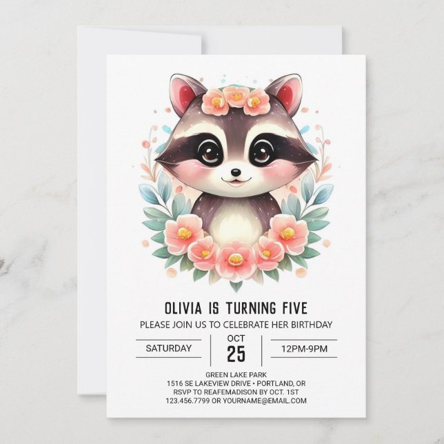 Förtrollade ungars Raccoon Girl Birthday Inbjudningar (Framsida)