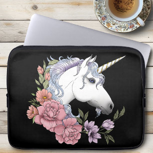 Förtrollade vita enhörningsblommor rosa svart laptop fodral