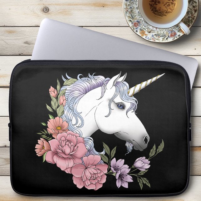 Förtrollade vita enhörningsblommor rosa svart laptop fodral (Skapare uppladdad)