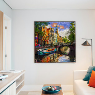 Förtrollande Amsterdam Kanal Arkitektur Oljemålnin Poster