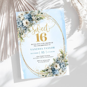 Förtrollande dammiga blå blommiga Sweet Sixteen-in Inbjudningar