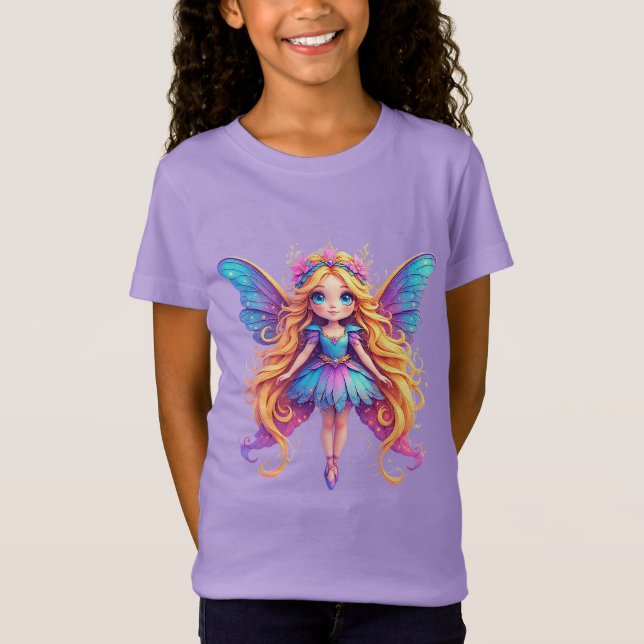 Förtrollande Fantasy Fe med Färggranna Vingar T Shirt (Framsida)