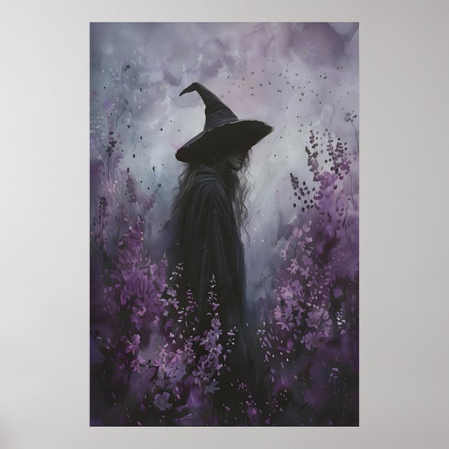 Förtrollande häxa i lila blommor Konsttryck Poster (Framsidan)