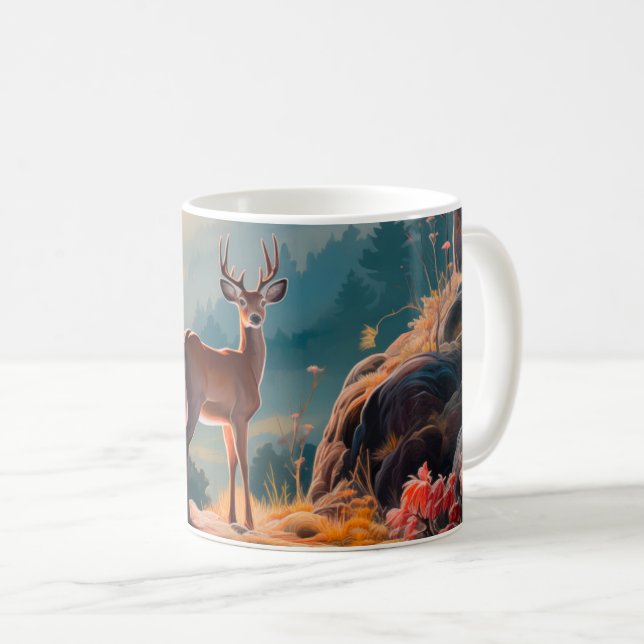 Förtrollande höstskogs scen med hjortar design kaffemugg (Framsida höger)