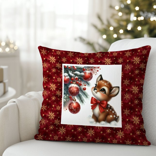 Förtrollande julkudde för bebisfawn i snöig skog kudde (Enchanting baby fawn snowy forest Christmas pillow (52))