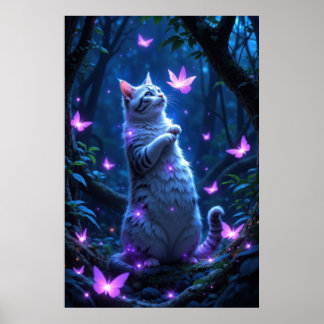Förtrollande kattunge i en magisk skog med lysande poster