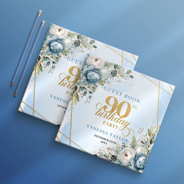 Förtrollande ljusblå guld 90-årsdagbok gästböcker (Enchanting Light Blue Gold 90th Birthday Guest Book)