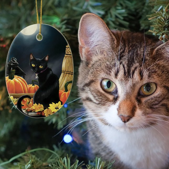 Förtrollande månljust svart höstkatt pumpa julgransprydnad keramik (Skapare uppladdad)