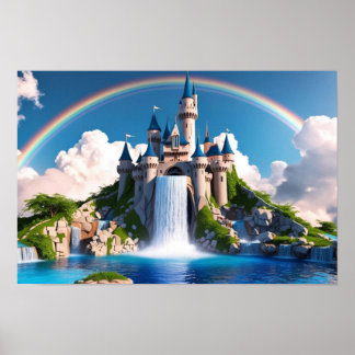 Förtrollande Regnbågsslott & vattenfall som forsar Poster