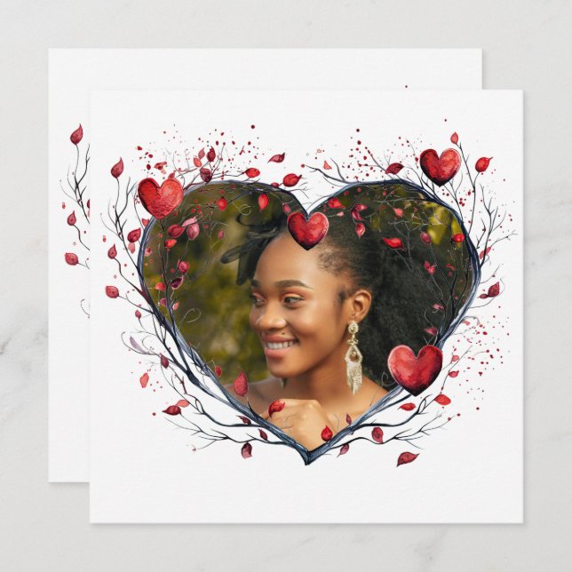 Förtrollande röd akvarell hjärtformad krans kort (Fram/baksida)