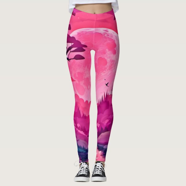 Förtrollande Rosa Måne: Tecknad Konst Leggings (Framsida)