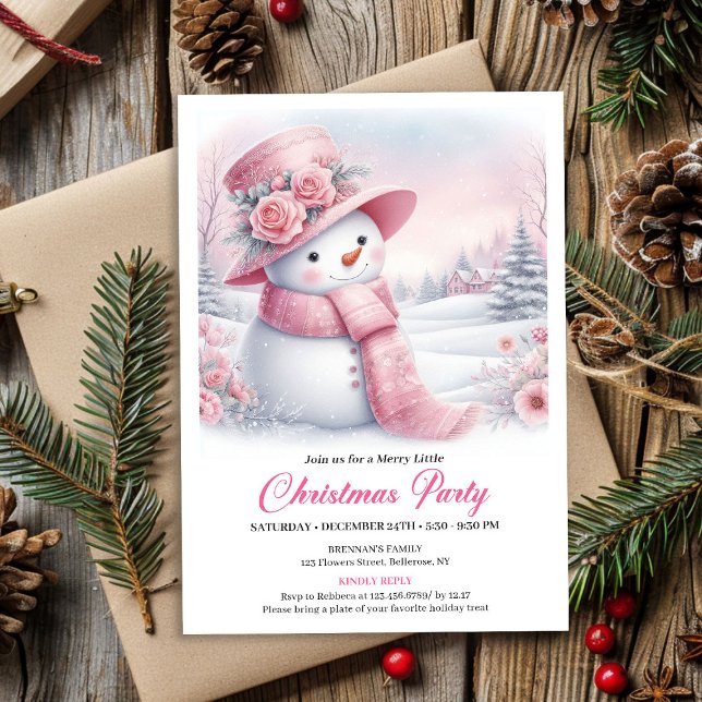 Förtrollande Rosa Snöman Redigerbar Julinbjudan  Inbjudningar (Enchanting Pink Snowman Editable Christmas Invite Download)