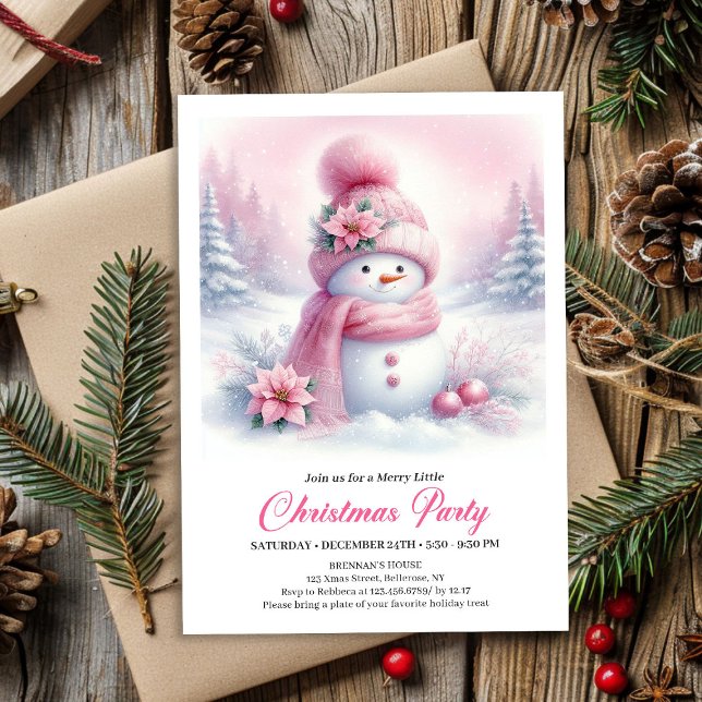 Förtrollande Rosa Snömannen Barn Jul Inbjudan (Enchanting Pink Snowman Kids Christmas Invite Digital File)