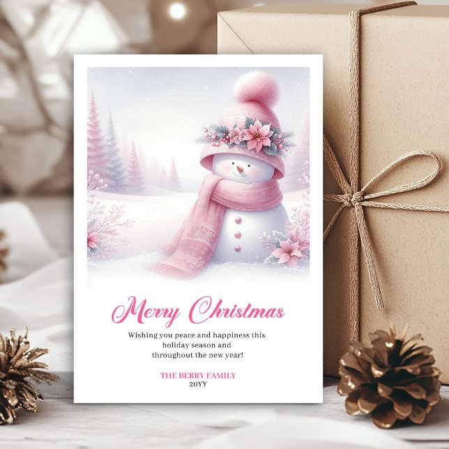 Förtrollande rosa snömannen jul barn kort digital (Enchanting pink snowman Christmas kids card editable file)