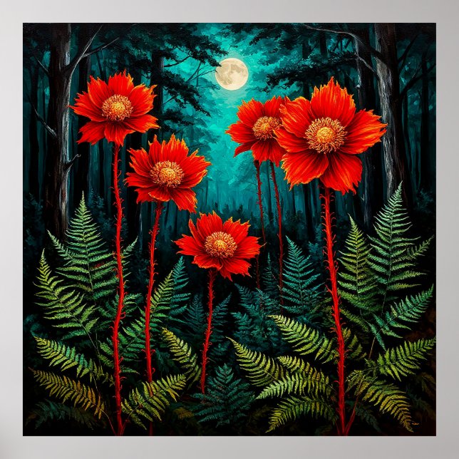 Förtrollande Skogsscen Livfulla Röda Blommor Poster (Framsidan)