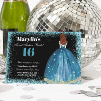 Förtrollande Turkos Glitter Prinsessa Sweet 16 Inbjudningar