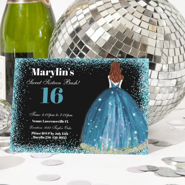 Förtrollande Turkos Glitter Prinsessa Sweet 16 Inbjudningar (Skapare uppladdad)