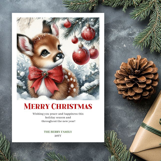 Förtrollande vattenfärg julskogs kort med hjort  (Enchanting Fawn Watercolor Christmas Forest Card Xmas C)