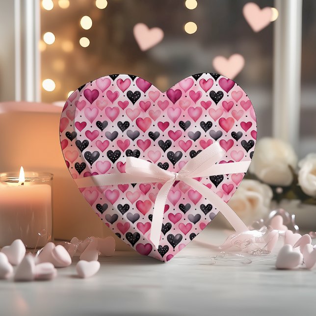 Förtrollande Vattenfärgshjärtan | Polkagris Mönste Presentpapper (Enchanting Watercolor Hearts and Polka Dots Pink and Black Pattern Wrapping Paper)