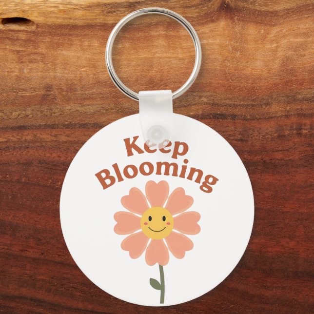 "Fortsätt Blomma" Retro Leende Blomma Nyckelring (Framsida)