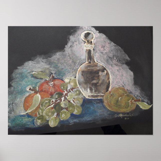 Fortsatt liv med frukt och glas flaska poster (Framsidan)
