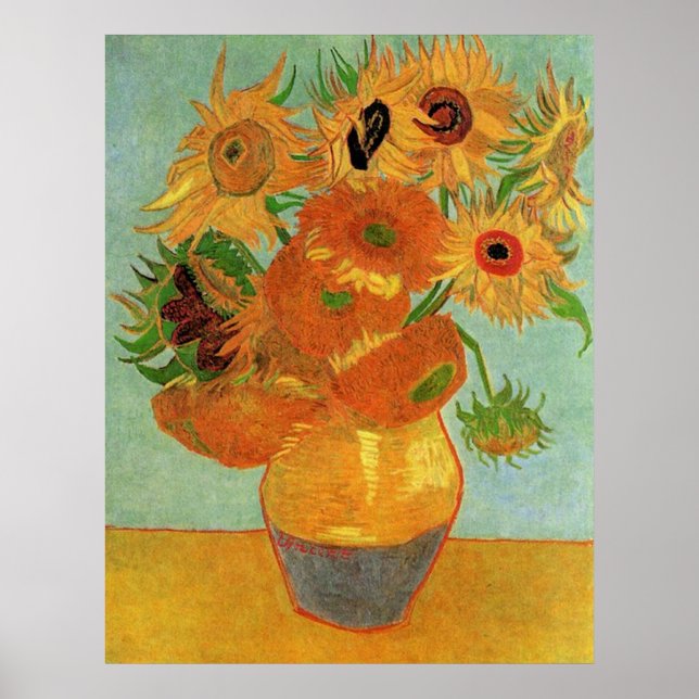 Fortsatt liv - Vas med tolv solblommor Poster (Framsidan)