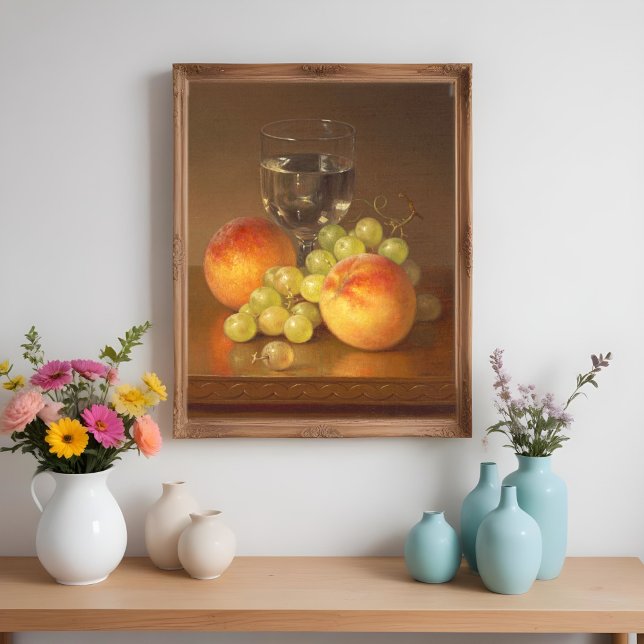 Fortsatt liv, Wineglass, två persikor, frukt och V Poster (Skapare uppladdad)