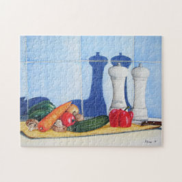 Fortsatt livmålning av vegatables på huggbord pussel