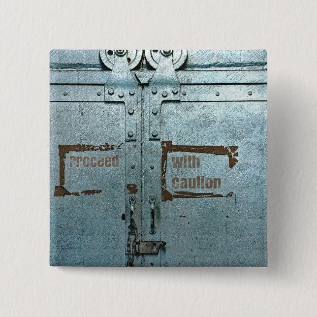 Fortsätt med försiktighet med industridörren blått knapp (Framsida)