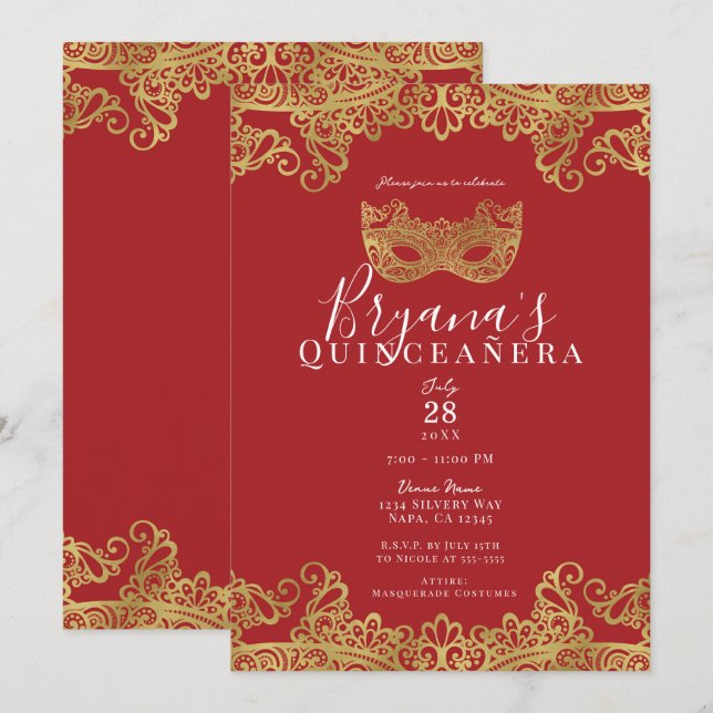 Fortune Red Guld Snöre Masquerad 15 Quinceañera Inbjudningar (Fram/baksida)