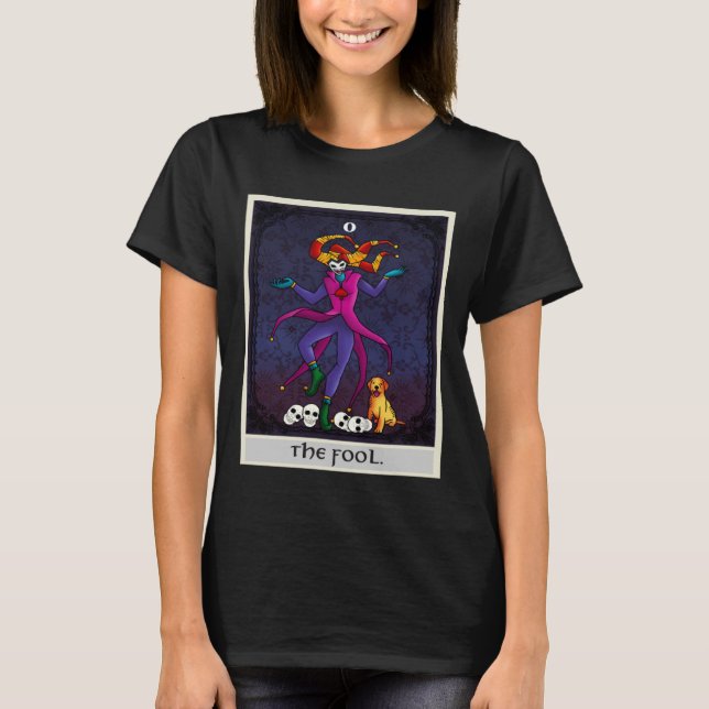 Fortune Teller Mythical The Fool with skulls Tarot T Shirt (Framsida)