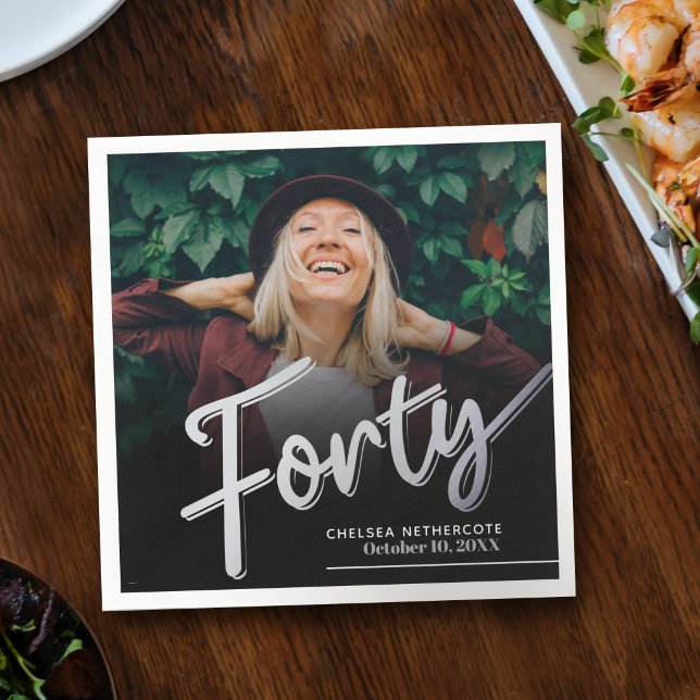 Forty 40th Birthday custom photo script silver Pappersservett (Skapare uppladdad)