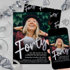 Forty 40th Birthday photo script flat silver color Inbjudningar