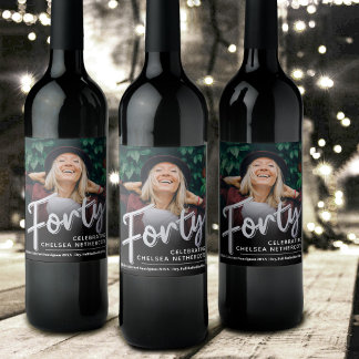 Forty 40th Birthday photo script silver black Vinflaska Etikett
