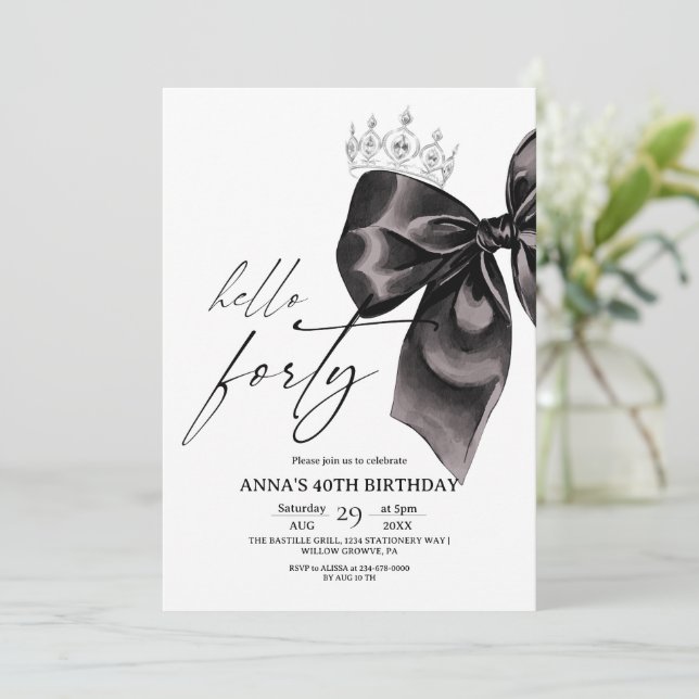 Forty Black Bow 40th Birthday Invitation Inbjudningar (Stående Fram)