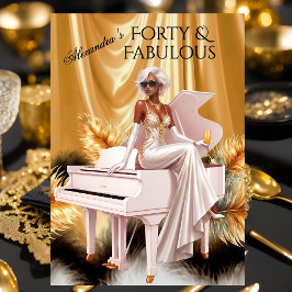 Forty Fabulous Elegant Birthday Gold White Piano Inbjudningar