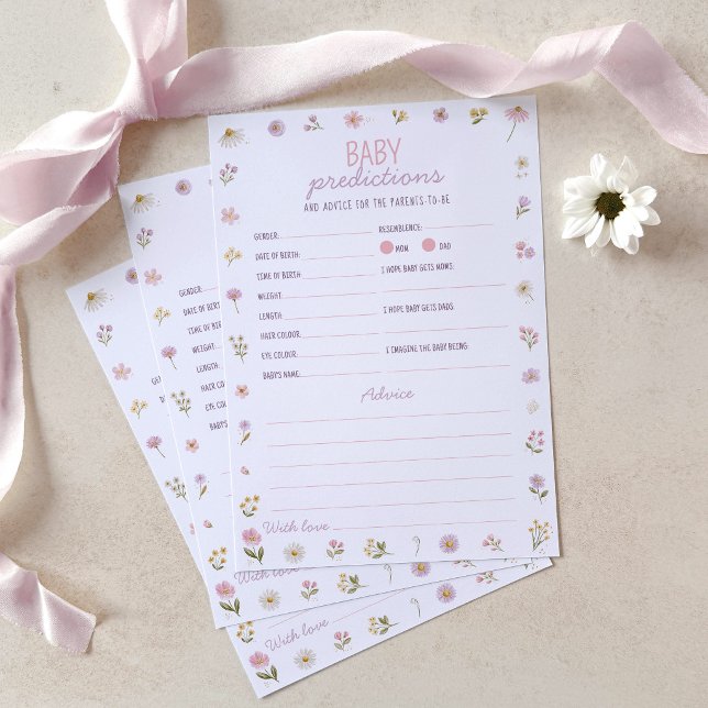 Förutsägelse Råd Bebis Shower Spel Rosa Vildblomma (Baby predictions and advice cards in pink wildflower design)