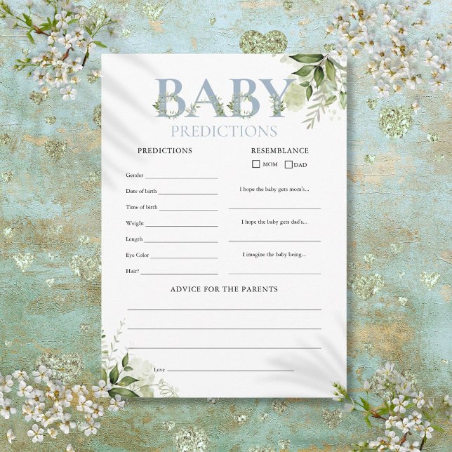 Förutsägelser för Bebis Grönska Baby Shower Spelko Inbjudningar (Baby Predictions Greenery Baby Shower Game Card)