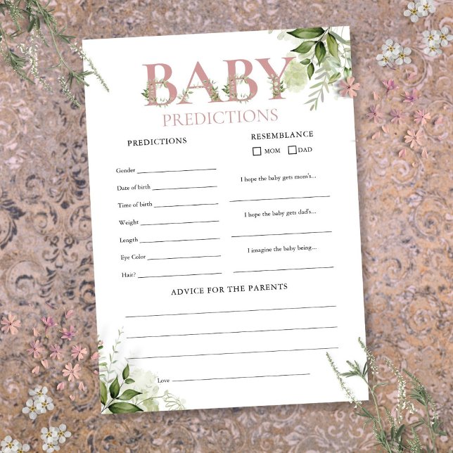 Förutsägelser för bebisar Grönska Spelkort för bab Inbjudningar (Baby Predictions Greenery Baby Shower Game Card)