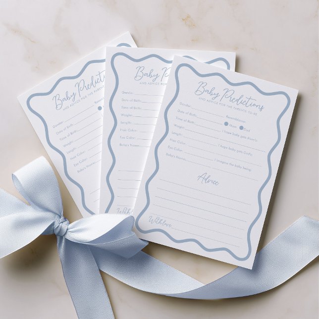 Förutsägelser för bebisar Råd Baby Shower-spel Blå (Blue Wavy Baby Shower Predictions and Advice cards in blue wavy design)