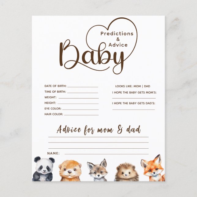 Förutsägelser och Råd Djur Baby Shower Spel (Framsida)